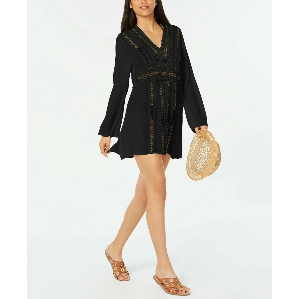 Raviya Crochet Tunic Swimsuit Cover-Up Size‎ Large Black Long Sleeve NEW
